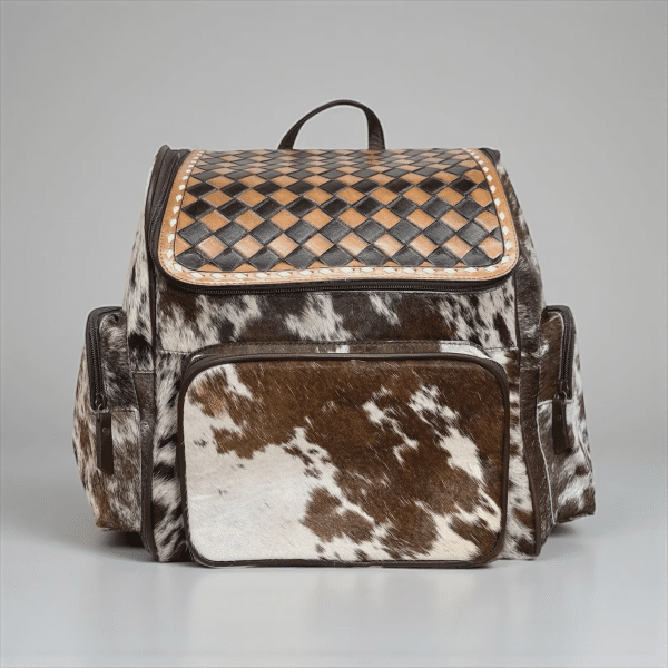 Brown + White And Checkered Leather Backpack