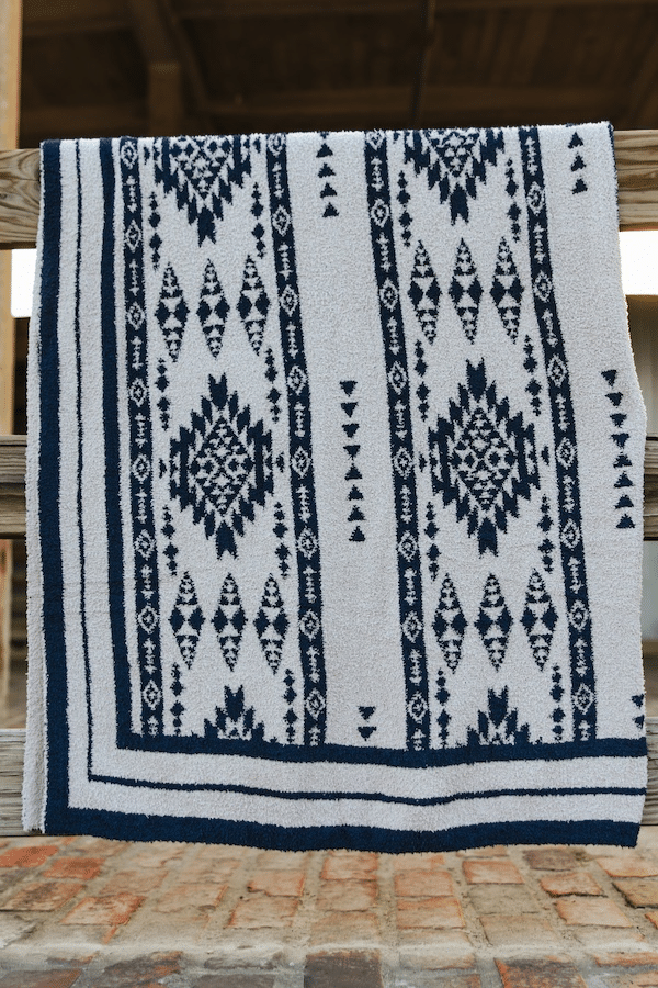 Ivory Blue Aztec Knitted Polyester Microfiber Blanket