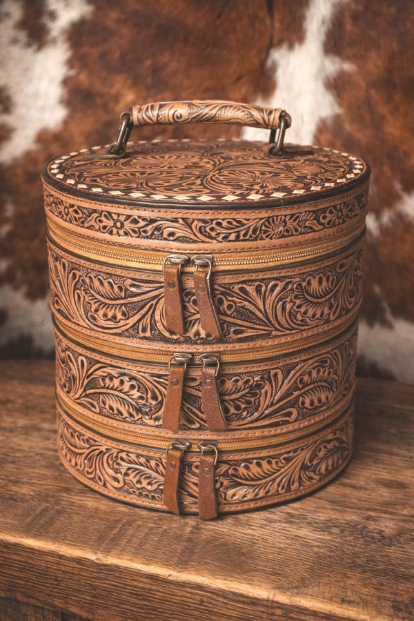 Round 3 Tier Tooled Leather Jewelry Case
