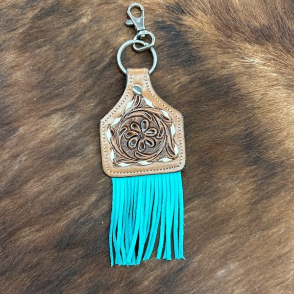 Tooled Leather Fringed Keychain