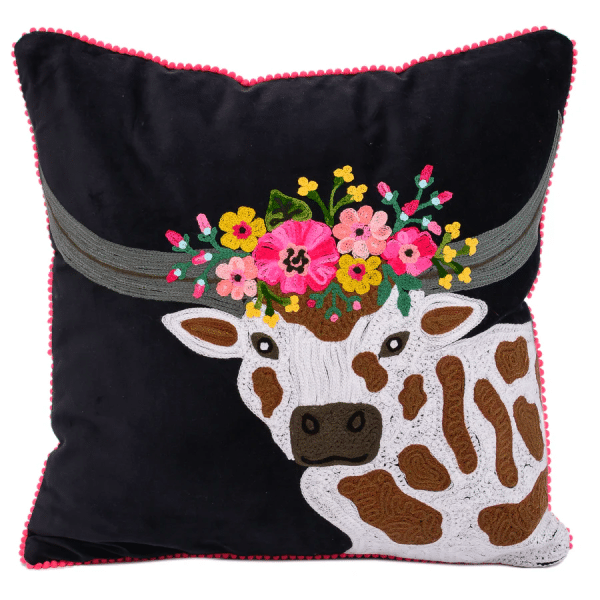 Black Embroidered Longhorn Velvet Pillow 18X18