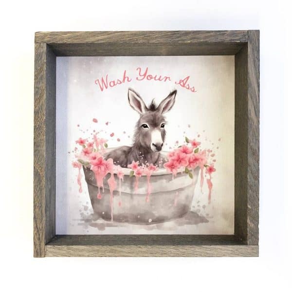 Wash Your Ass - Cute Donkey Canvas Art - Wood Framed Decor: 6x6" Mini Canvas Art with Wood Box Frame