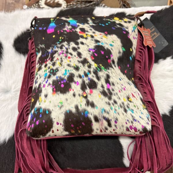 Neon Acid Wash Cowhide Fringe Purse