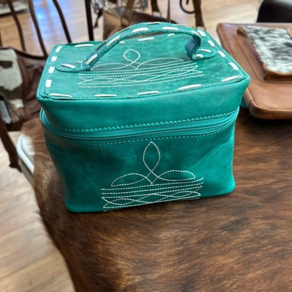 Turquoise Leather Buckstitch Makeup Bag