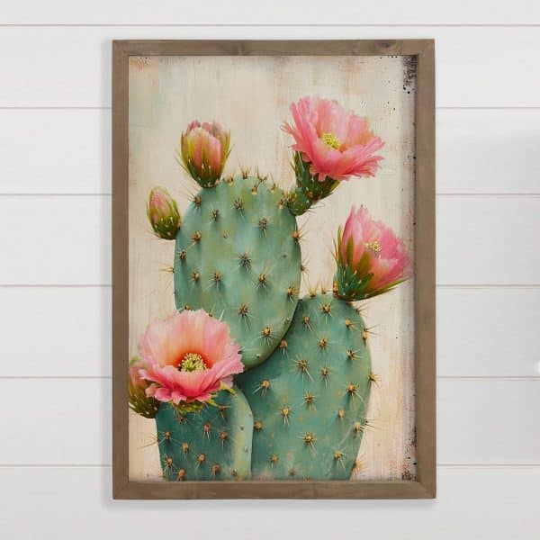 Blooming Prickly Pear Cactus - Desert Cactus Canvas Art : 12x18" Medium Canvas Art with Thick Wood Frame