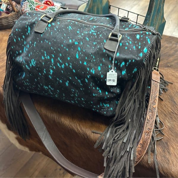 Black + Turquoise Acid Wash Cowhide Fringe Bag