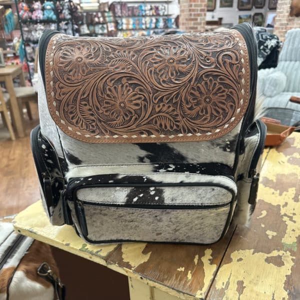 Black + White Acid Wash Cowhide With Tooled Leather Backpack