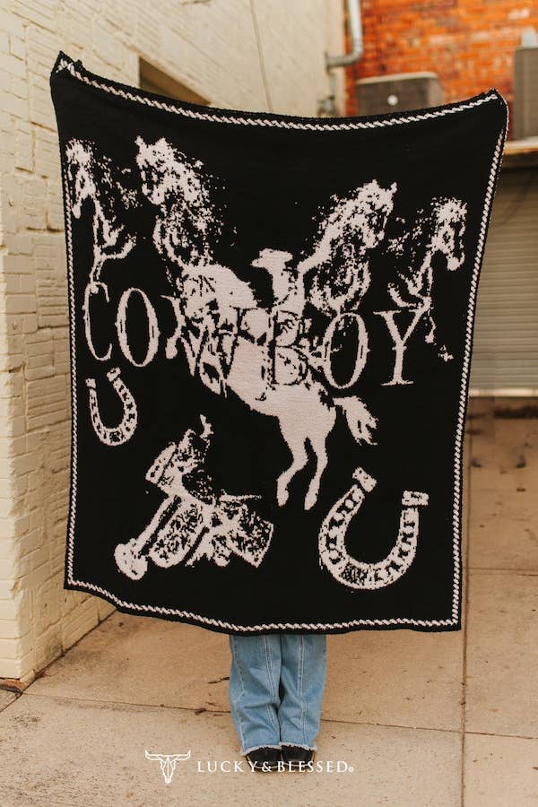 Black Western Cowboy Knitted Polyester Microfiber Blanket