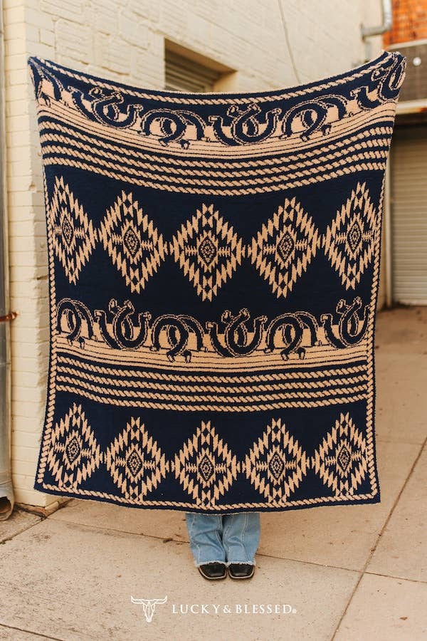 Navy Cream Horseshoe Aztec Knitted Microfiber Blanket