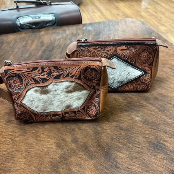 Tooled Leather And Cowhide Makeup Bag
