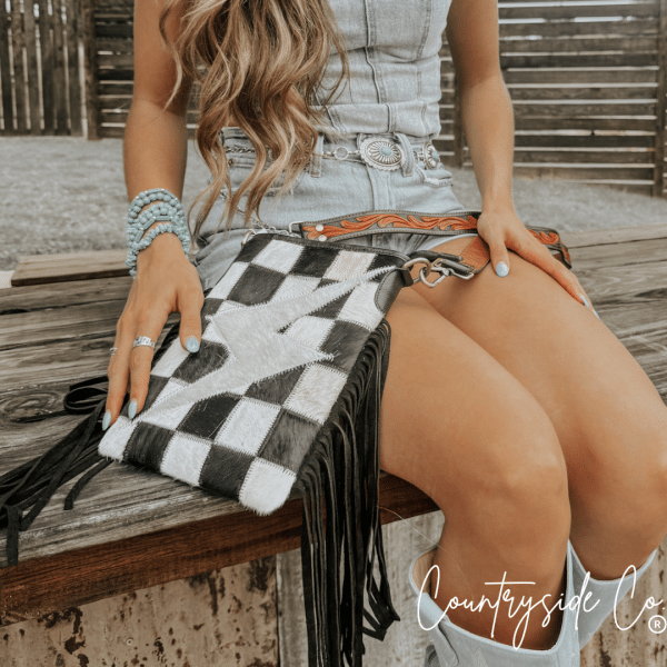 Checkered Cowhide Bolt Purse with Tooled Leather Strap