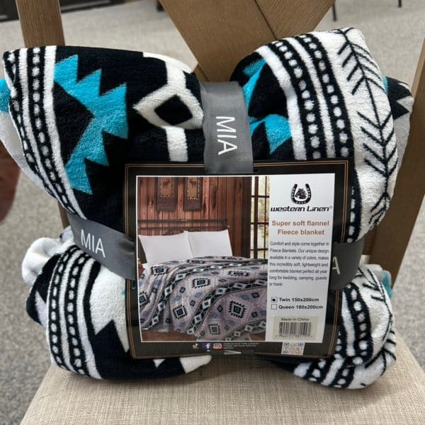 Mia Super Soft Flannel Fleece Blanket Blue White Grey Aztec
