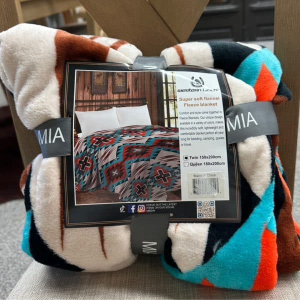 Mia Super Soft Flannel Fleece Blanket Orange Blue Aztec