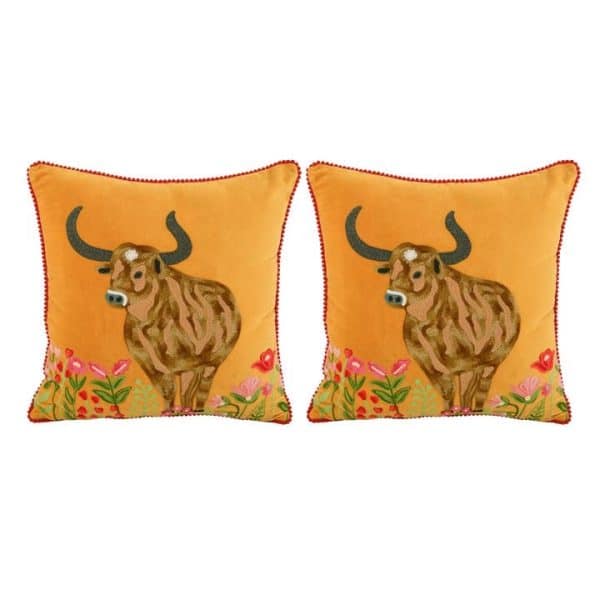 Cow And Flowers Yellow Velvet Pillow 18X18
