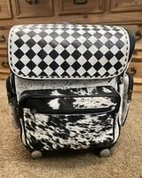 Checkered Leather & Cowhide Rolling Luggage Backpack