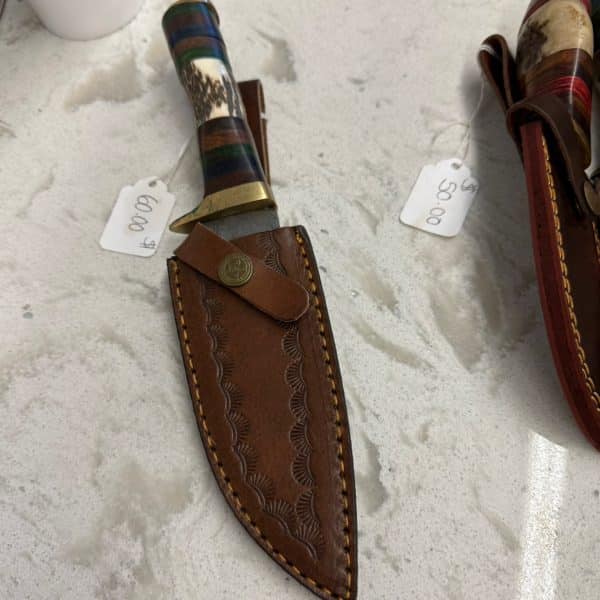 Damascus Steel/ Wood And Antler Handle Knife- Large