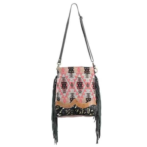 Upcycled Canvas & Acid Wash Cowhide With Fringe Crossbody