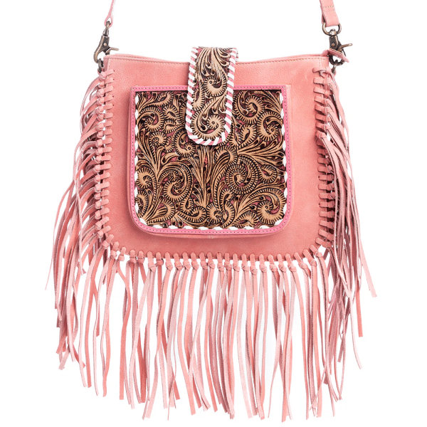 Hand-Tooled Pink Leather Bag by Myra Bags