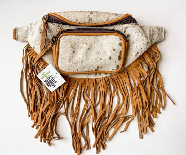 Western Hair on Cowhide Fanny Pack: Beige + Gold Cowhide - Tan Leather