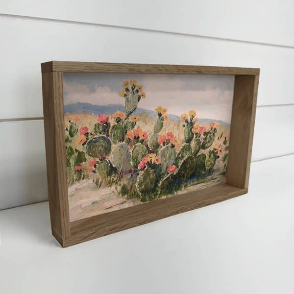 Flowering Prickly Pear Cactus - Cactus Canvas Art - Framed: 6x10" Mini Canvas Art with Wood Box Frame