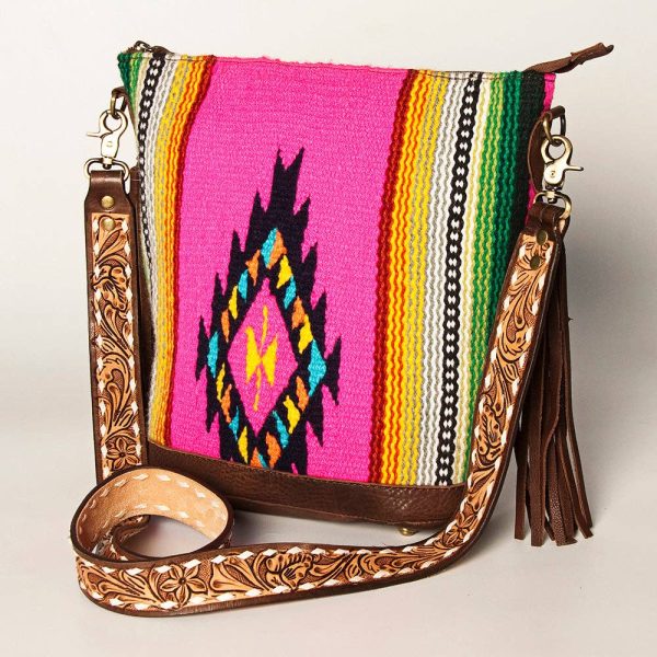 Pink Southwestern Saddle Blanket Crossbody Bag With Tooled Leather Strap