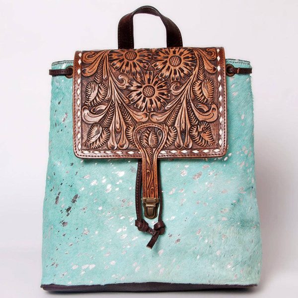 Turquoise Acid-Wash Cowhide Backpack with Floral Tooled Leather Flap