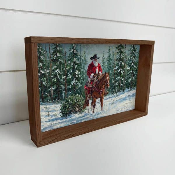 Santa Cowboy Christmas Tree Cutting - Farmhouse Holiday Art: 6x10" Mini Canvas Art with Wood Box Frame