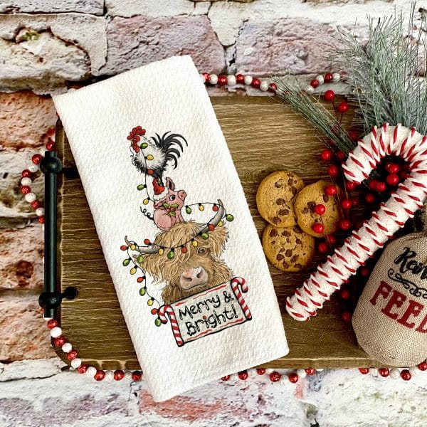 Merry and Bright Farm Animal Towel, Kitchen Holiday Decor: Transparent Cellophane Sleeve
