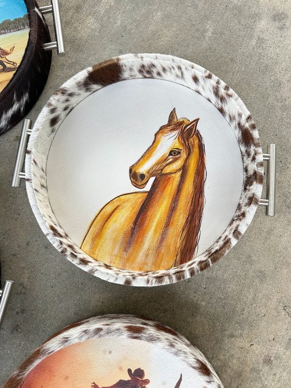 Brown + White Cowhide Hand Painted Leather Horse Tray