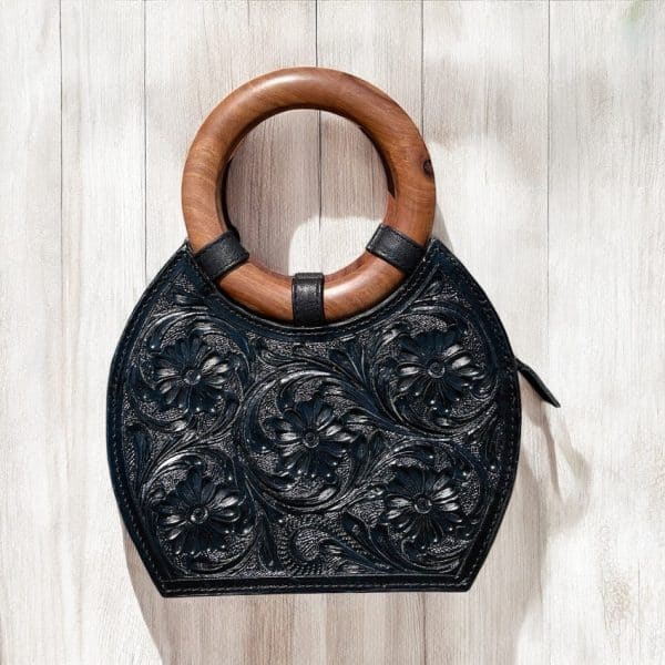 Wood Handle Tooled Leather Handbag