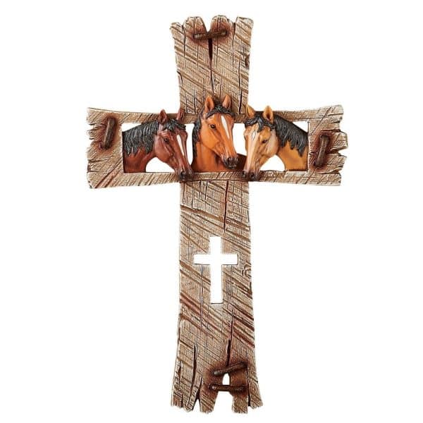 Polyresin Three Horse Friends on Barnyard Wood Rustic Western Farmhouse Hanging Wall Cross Dcor
