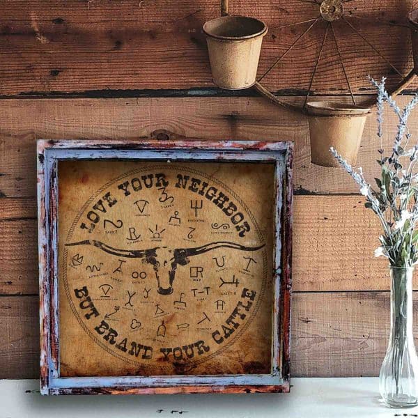 Love Your Neighbor Longhorn Square Framed Canvas: Large - 24"