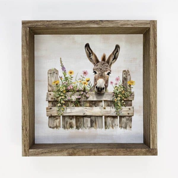Donkey Over Fence with Flowers  - Donkey Canvas Art - Framed: 6x6" Mini Canvas Art with Wood Box Frame
