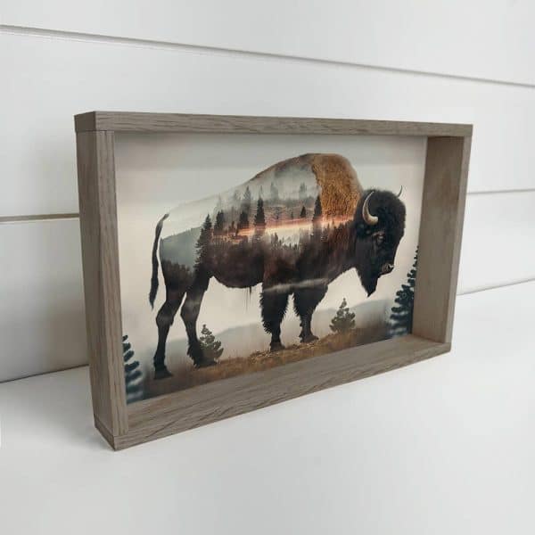 Bison Trees Double Exposure -Wood Framed Wildlife Canvas Art: 6x10" Mini Canvas Art with Wood Box Frame