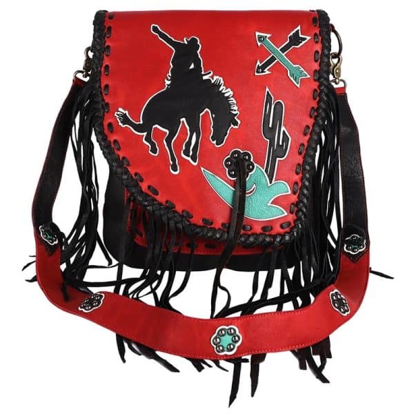 Red Western Rodeo Leather Messenger Bag with Fringe & Appliqué