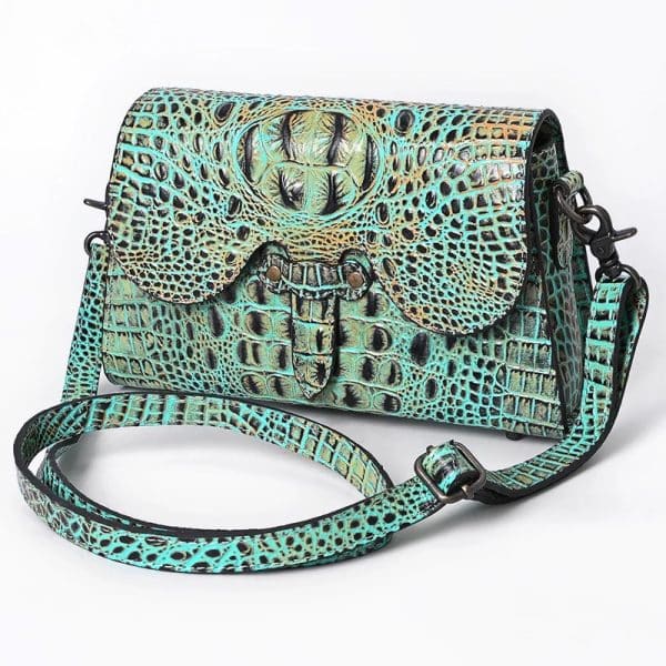 Turquoise Crocodile Embossed Leather Crossbody Bag