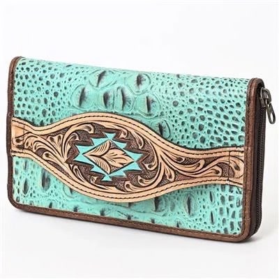Turquoise Crocodile Embossed Leather Clutch