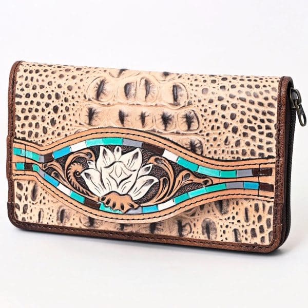 Tan Crocodile Embossed Leather Clutch