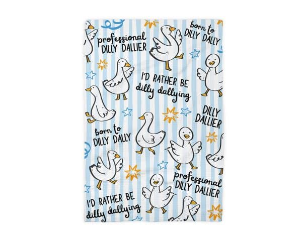 Dilly Dally Goose Farm Kitchen Towel Blue Funny Graphic