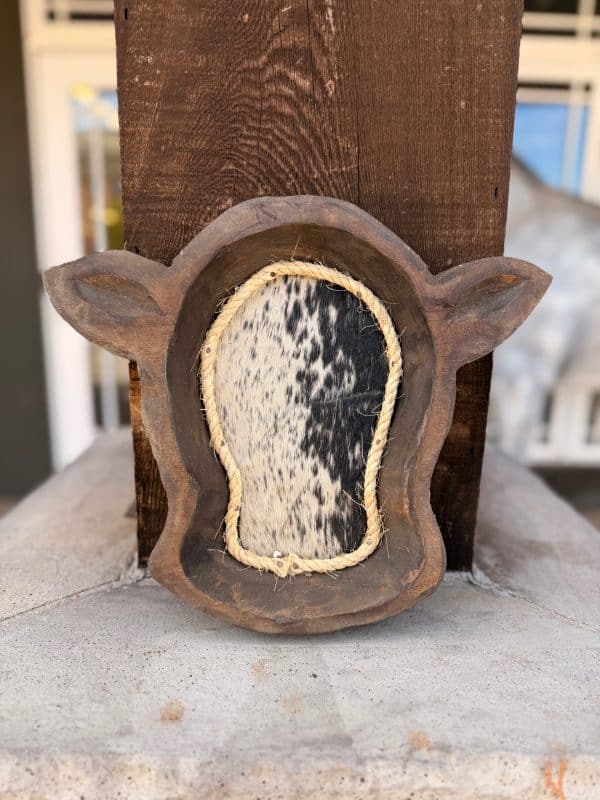 Wood Cow Head with Assorted Hide and Rope