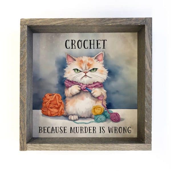 Crochet Cat - Funny Animal Canvas Art - Wood Framed Wall Art: 6x6" Mini Canvas Art with Wood Box Frame