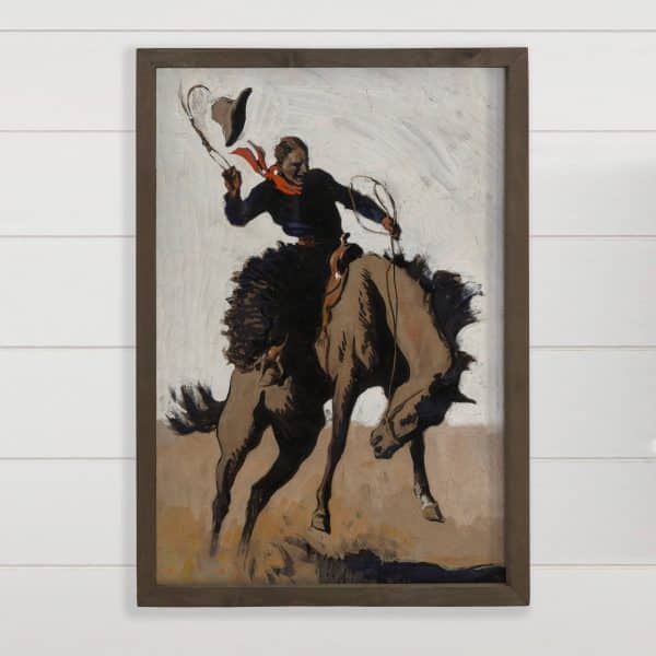 Bucking Cowboy - Ranch House Canvas Art - Wood Framed Decor: 12x18" Medium Canvas Art with Thick Wood Frame