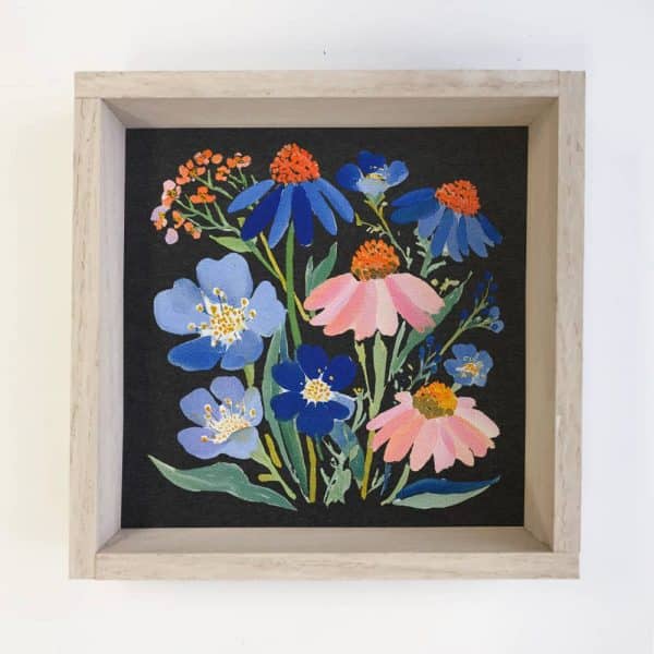 Spring Flowers on Black - Farmhouse Kitchen Wall Art : 6x6" Mini Canvas Art with Wood Box Frame