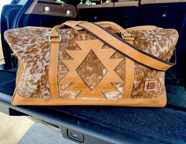 AZTEC TRAVEL DUFFLE leather hair on cowhide travel bag: Tan + White Cowhide