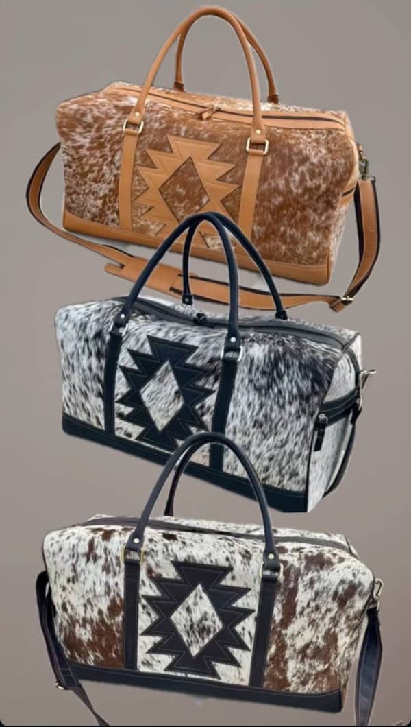 AZTEC TRAVEL DUFFLE leather hair on cowhide travel bag: Brown +White Cowhide