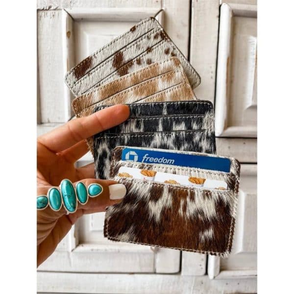 Western Cowhide Credit Card Holder - Money holder: BROWN + WHITE COWHIDE