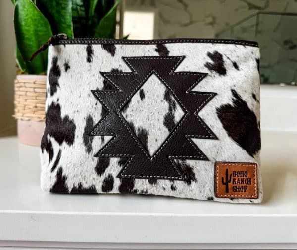COWHIDE AZTEC MAKEUP BAG Genuine Hair On: Brown Leather