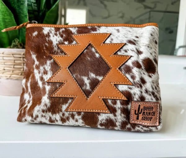 COWHIDE AZTEC MAKEUP BAG Genuine Hair On: Tan Leather