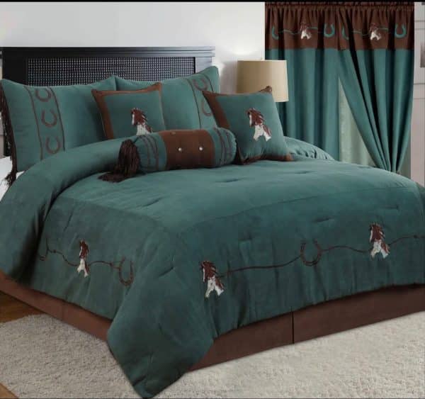 Western Embroidered Horse Turquoise Suede 7 Piece Comforter Set