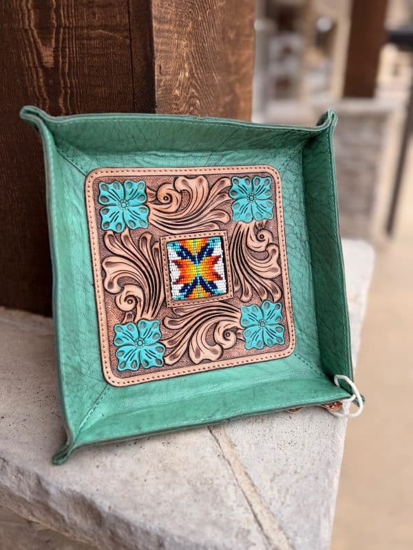 Turquoise Tooled Leather & Beaded Tray